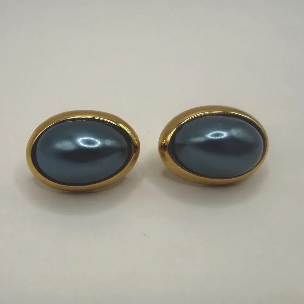 Vintage Richelieu Blue Gray Faux Pearl Domed Gold Tone Stud Retro Earrings Sign